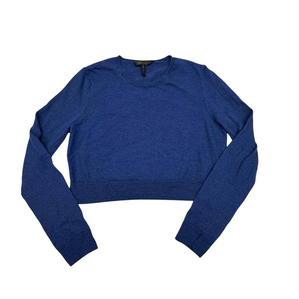 BCBGMAXAZRIA Sweater Womens Large Blue Cropped Knit Crewneck Pullover Top